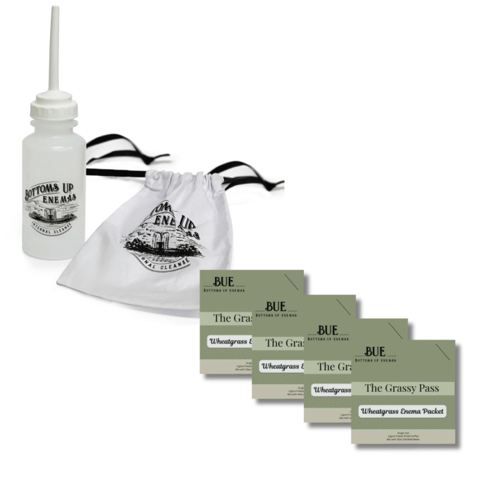 Bundle: BUE Reusable Enema Bottle 10 oz with BUE Wheatgrass Single Use Enema Packets (Set of 4)